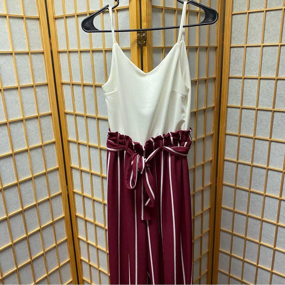 White & Burgundy Striped Paperbag Waist Jumpsuit